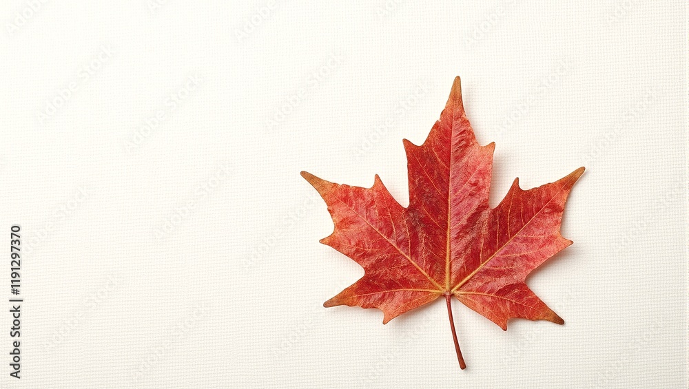 Vibrant red maple leaf on cream canvas background showcasing intricate veins and autumnal beauty Vibrant red maple leaf on cream canvas background showcasing intricate veins and autumnal beauty