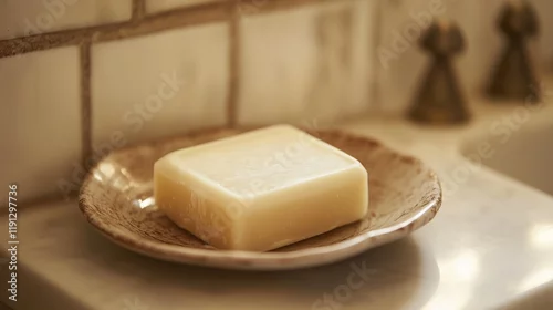 Fototapeta A bar of soap on an elegant soap dish standing on the surface of the bathroom. Suitable for themes of cleanliness, hygiene, skin care, ecology and home comfort.