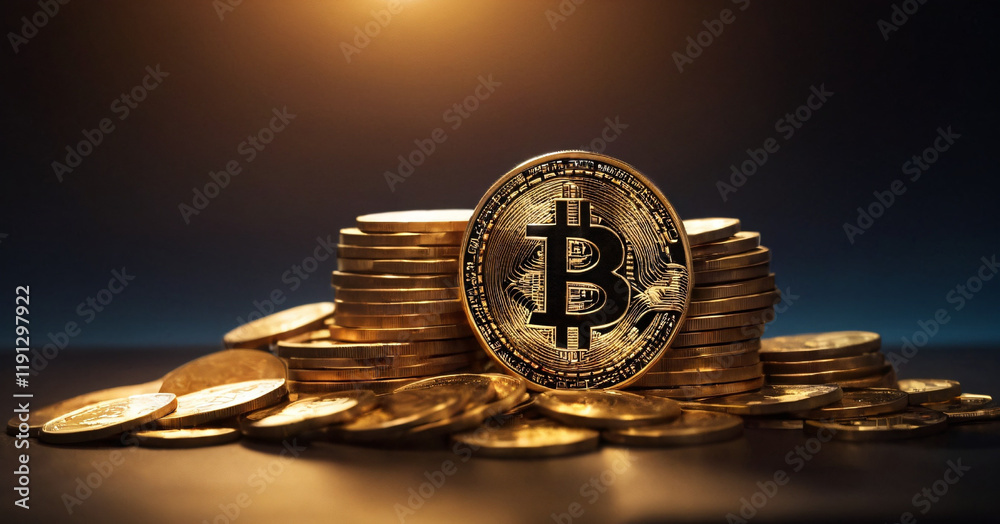 Bitcoin cryptocurrency with pile of coins come out from smartphone