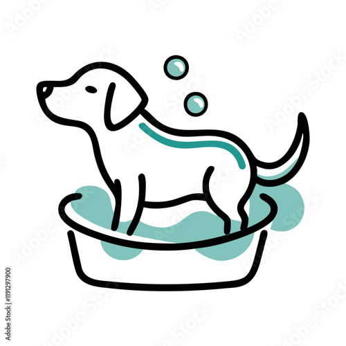Playful dog taking a bath in a tub with bubbles, cheerful and whimsical design, copy space