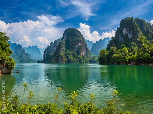 Beautiful mountains in Ratchaprapha Dam at Khao Sok National Park, Surat Thani Province, Thailand. photo