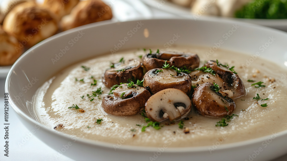 Mushroom soup puree served in a white bowl on a pristine white table at a cozy restaurant Mushroom soup puree served in a white bowl on a pristine white table at a cozy restaurant