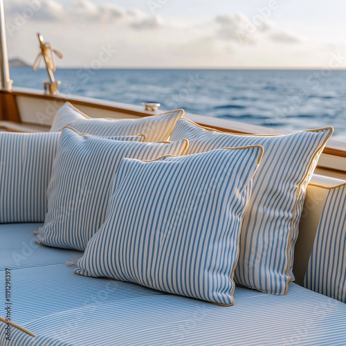 cushions in a nautical style, on the deck of a boat, at sunset, no people,