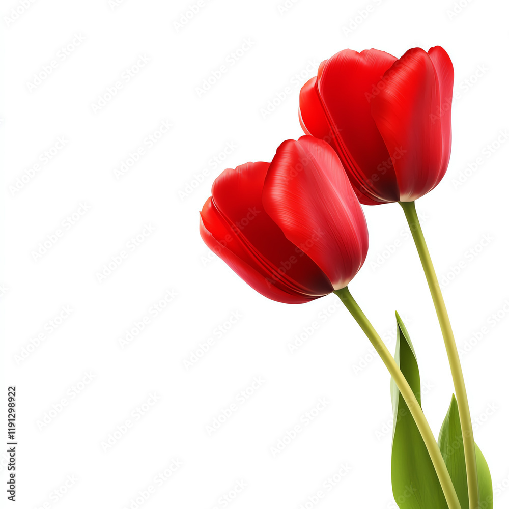 Two beautiful red tulips stand tall against a clean white background, symbolizing love and elegance in nature.
