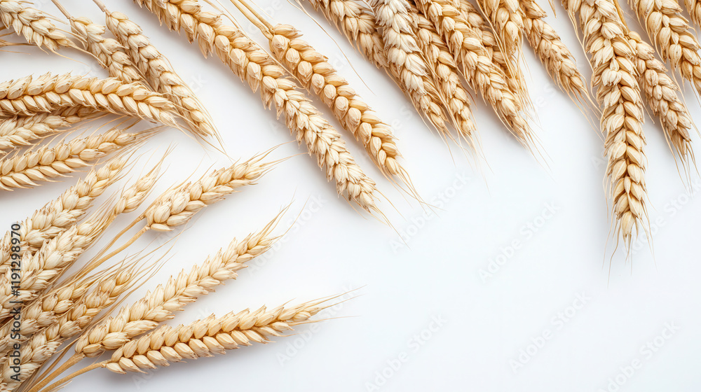 Top view of rustic wheat grains arranged artistically on a clean white background Top view of rustic wheat grains arranged artistically on a clean white background