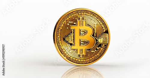 Close up golden coin with bitcoin symbol isolated on white background with clipping path