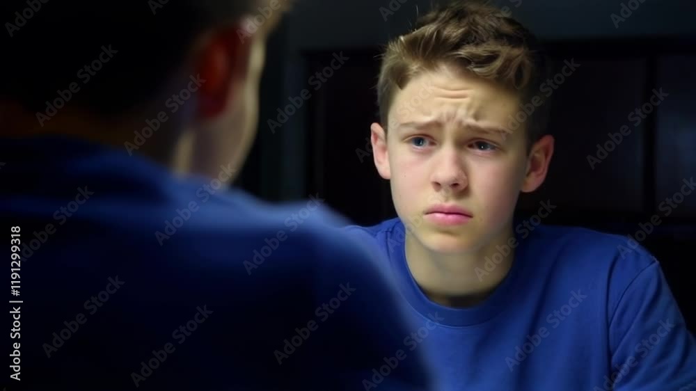 Sad Boy Looking at Himself in the Mirror, Expressing Emotion. Video. Horizontal. Sad Boy Looking at Himself in the Mirror, Expressing Emotion. Video. Horizontal.