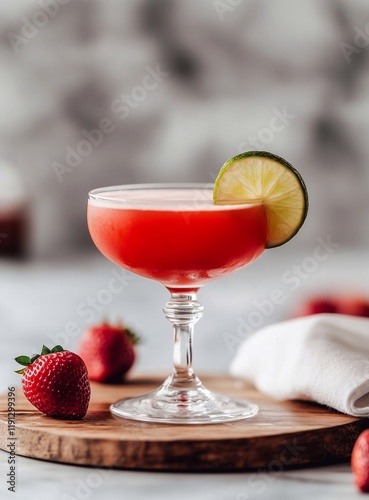 Refreshing cocktail served in elegant glass with lime and strawberries at a stylish bar during a sunny afternoon
