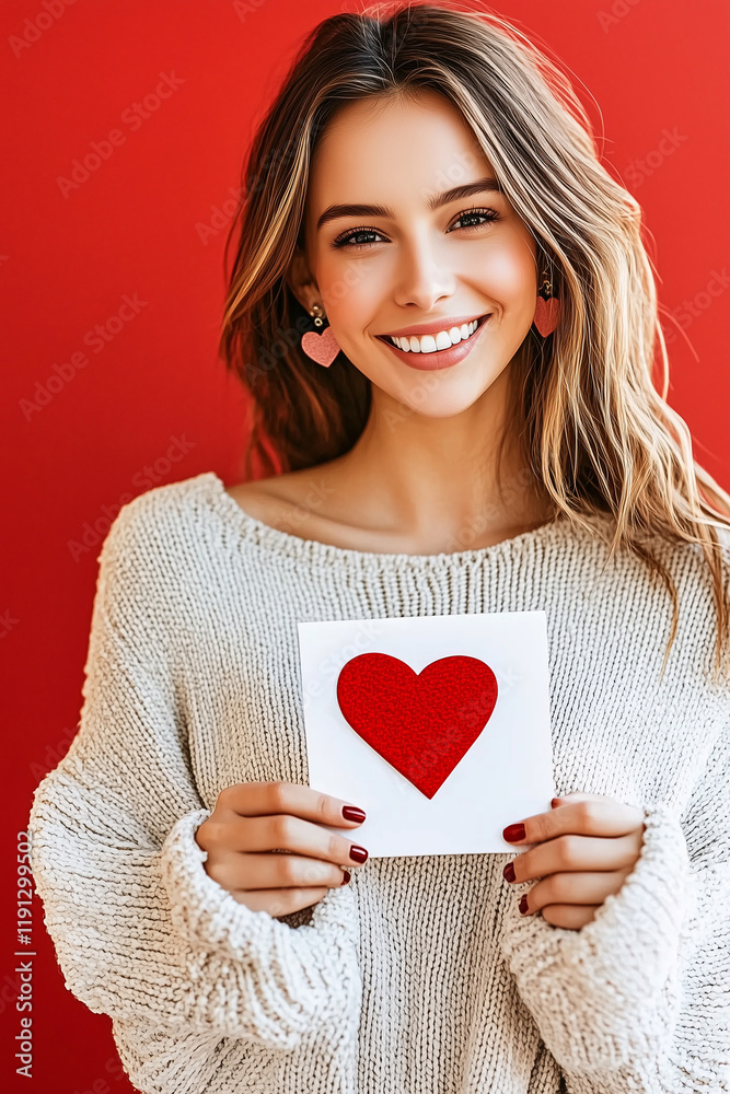 Stylish Smiling Woman in Loose Sweater Wearing Heart-Shaped Earrings Holding a Red Heart Valentine’s Card, Valentine’s Day and Love Celebration on Vertical Photo.
Stylish Smiling Woman in Loose Sweater Wearing Heart-Shaped Earrings Holding a Red Heart Valentine’s Card, Valentine’s Day and Love Celebration on Vertical Photo.