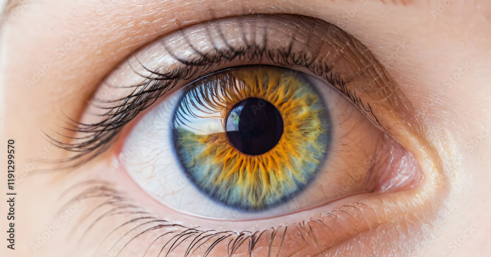 Close up of eye iris on white background, macro, photography