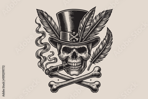 Engraved skull in feathered top hat with cigar, vintage etching art