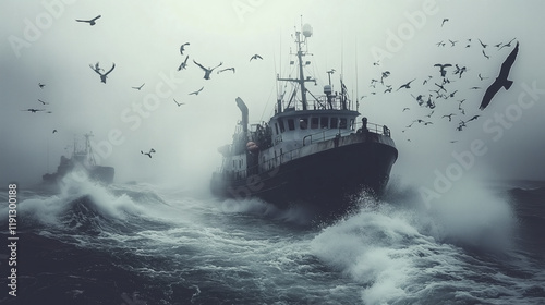 Barco pesquero en alta mar con olas y aves en un día de niebla photo