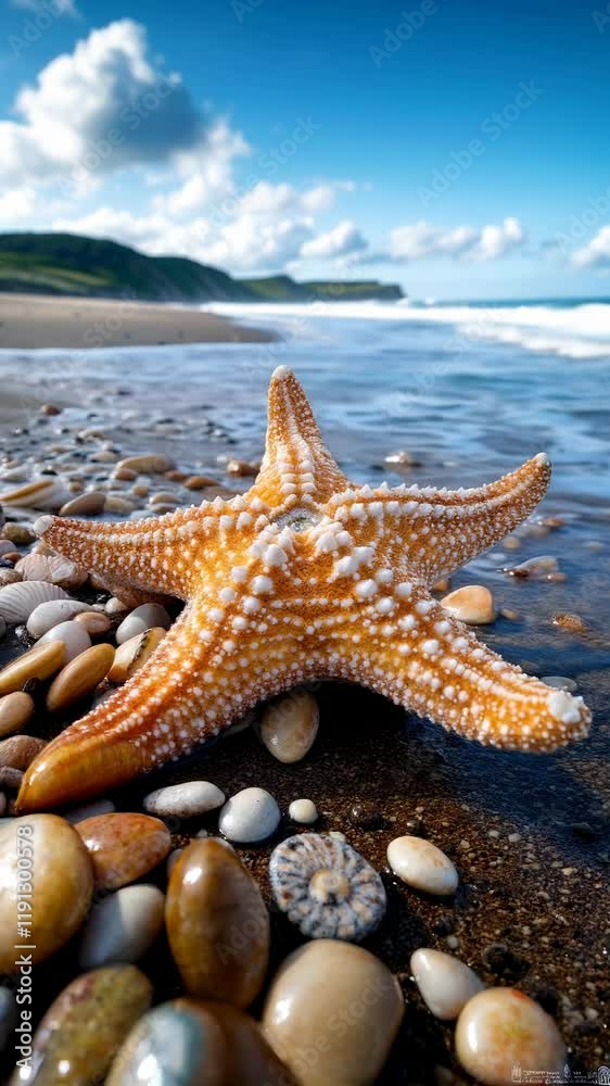 Serene Coastal Scene with Starfish on the Beach Serene Coastal Scene with Starfish on the Beach