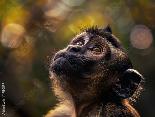 A contemplative monkey gazes upwards with a sorrowful expression