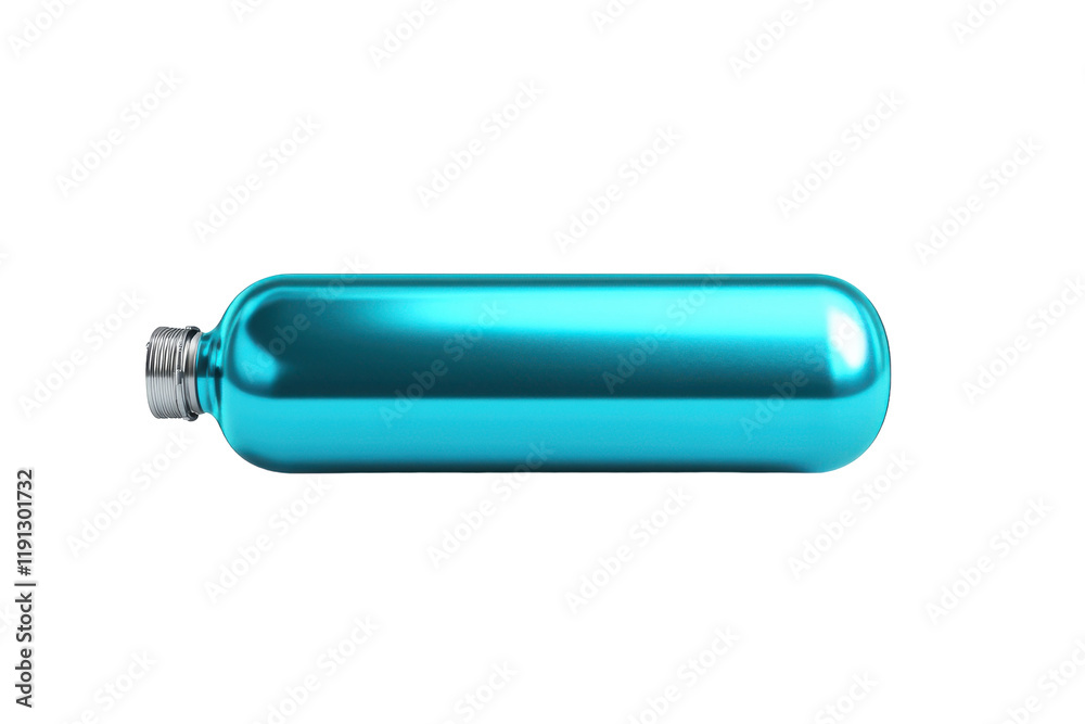 Shiny blue metal water bottle lying on a white background creating a modern and sleek look Shiny blue metal water bottle lying on a white background creating a modern and sleek look