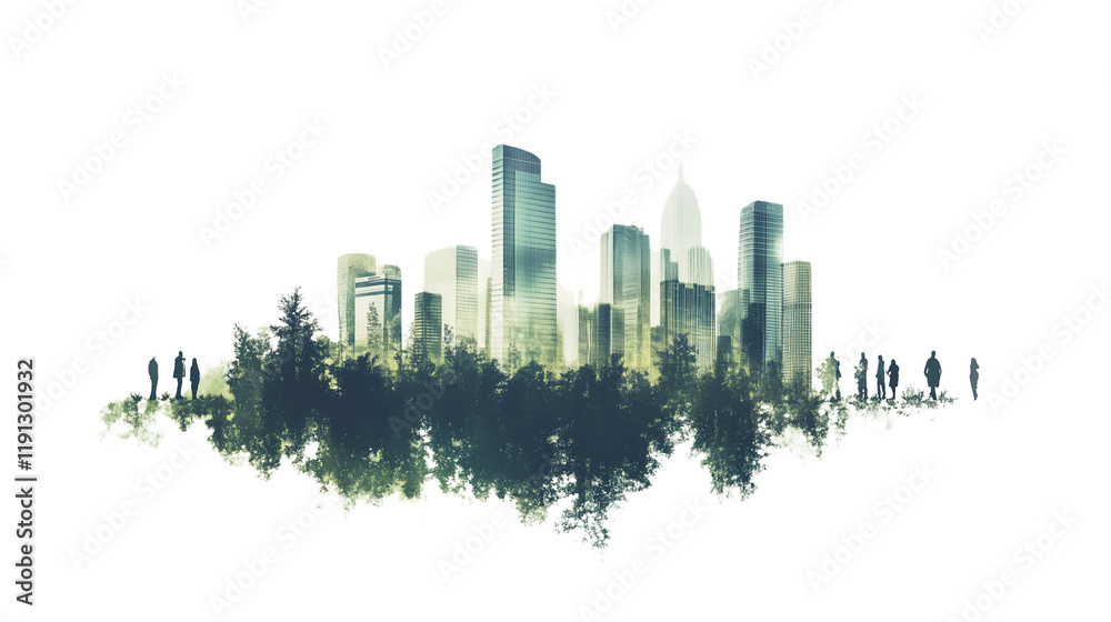 Obraz premium a Minimalist double exposure of a forest and city skyline with people isolated on a transparent background 