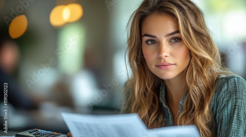 Free Download Female Auditor Standing at Desk with Documents and Calculator - GFXLoad