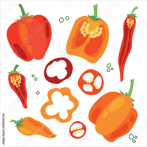 Juicy pepper. Paprika. Hot chili pepper. Seasoning. Useful Vegetables. Harvest. Botanical illustration. Vector illustration