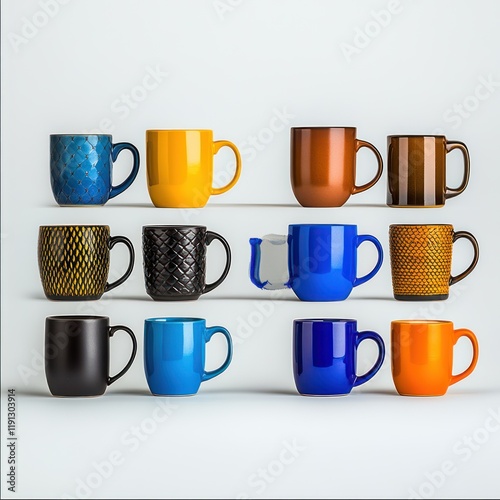 Ceramic Coffee Mugs in Rainbow Assortment on White Background photo