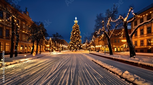 Festive Winter Night in the City: Decorated Christmas Tree in Snowy Town Square