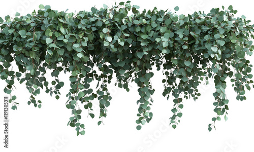 A lush, green hanging eucalyptus, plant with cascading leaves, creating a vibrant, lively appearance isolated on white and transparent background.