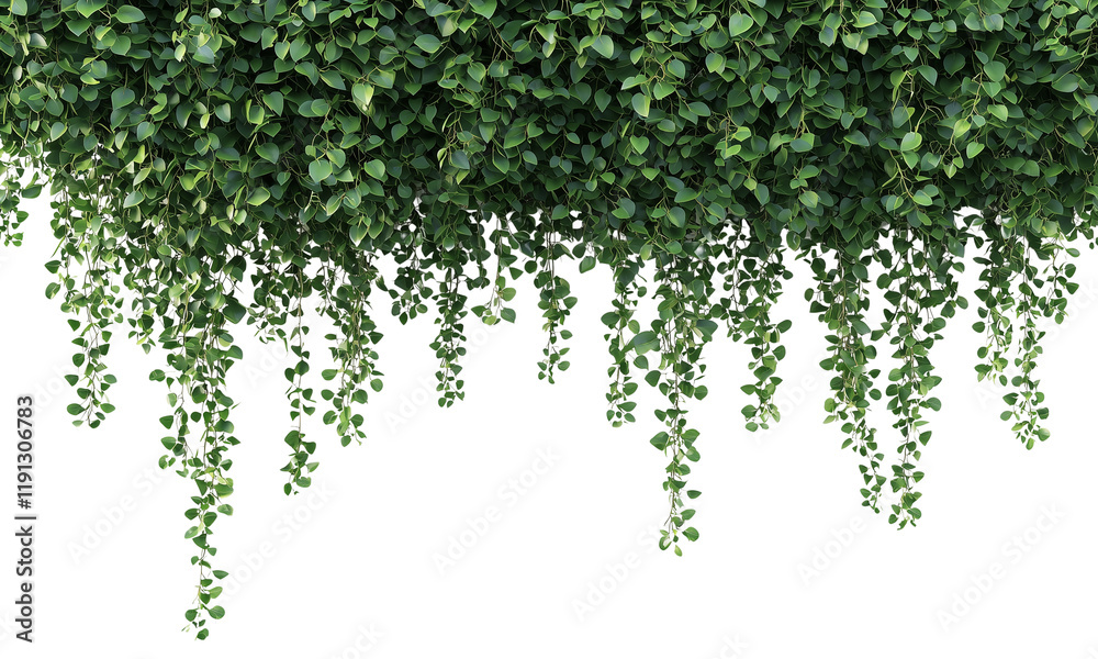 Naklejka premium Lush green vines cascade down against a dark background, creating a vibrant, natural aesthetic perfect for decoration or design isolated on white and transparent background.