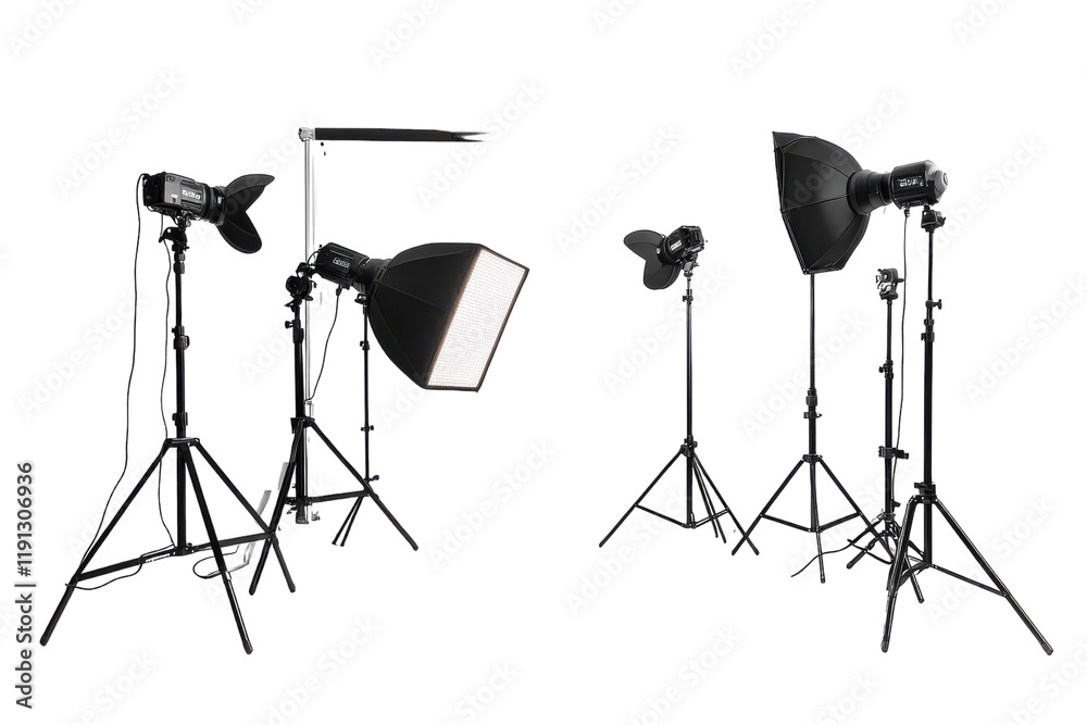 Studio lighting equipment arranged in a professional setup for photo shoots