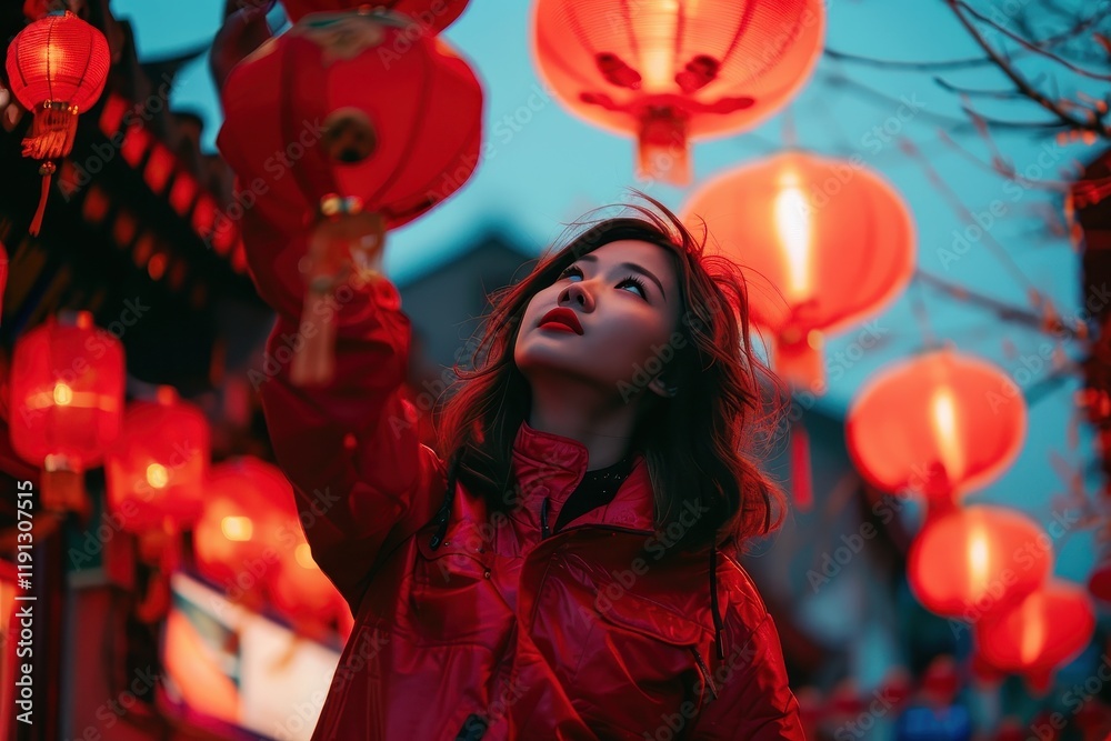 Woman in a red jacket holds a lantern in festive outdoor setting Woman in a red jacket holds a lantern in festive outdoor setting