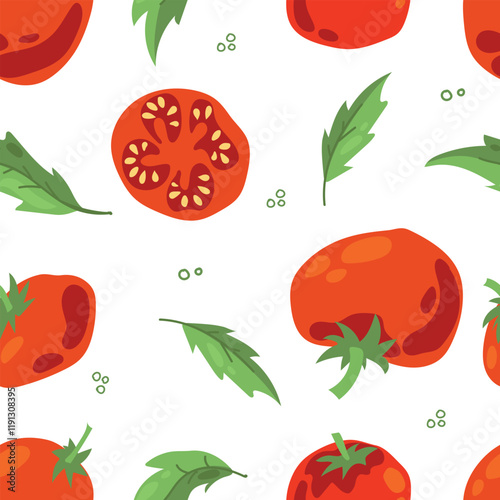Seamless pattern of ripe tomatoes. Vegetables. Red tomatoes. Juicy Harvest. Healthy food. Vector illustration.
