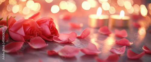 Wallpaper Mural Festive romantic background with pink roses, candles and sparkling gold lights Torontodigital.ca