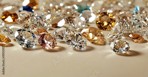 Close up of diamonds of different cuts and sizes on light background with shadows.