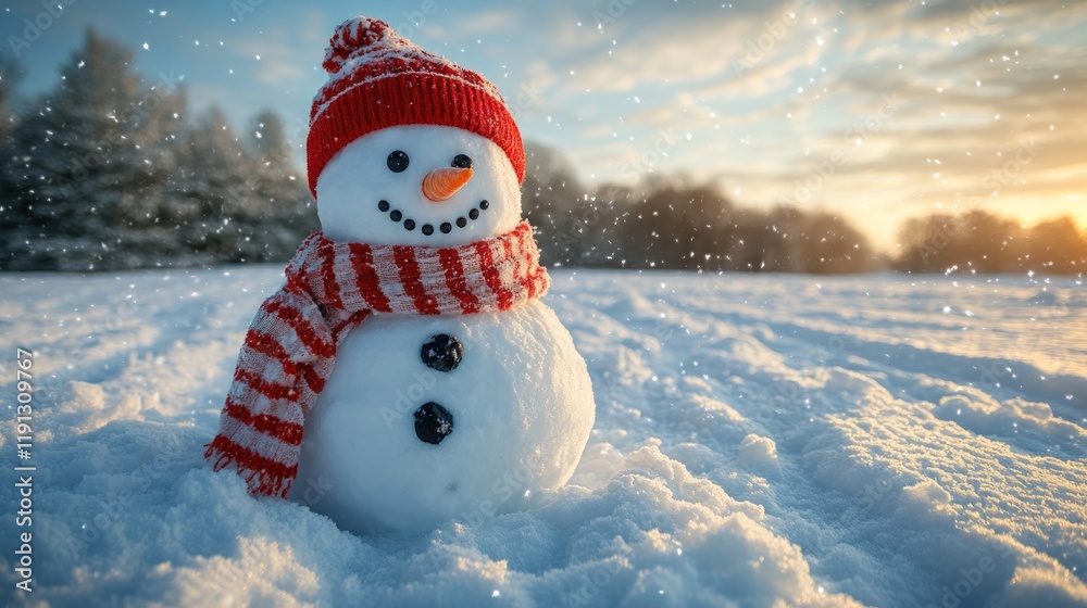 Fototapeta premium Snowy scene; cheerful snowman, red hat, scarf.