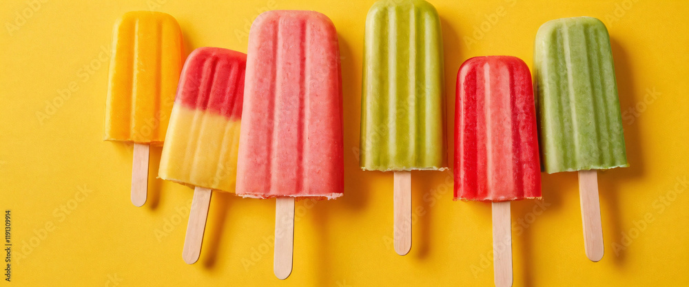 Colorful Assorted Popsicles Standing Against Yellow Background