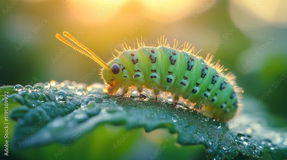 Naklejka premium Green caterpillar, dew-covered leaf, sunrise.