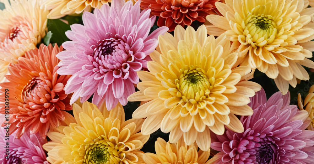 Closeup photo of chrysanthemum bouquet. Abstract floral background