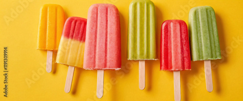 Obraz na płótnie Colorful Assorted Popsicles Standing Against Yellow Background w salonie