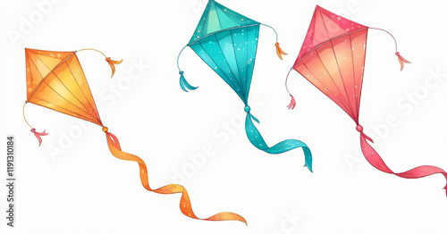 Cute vector kite. Colored kite isolated on transparent background. Vector hand drawn illustration in flat style
