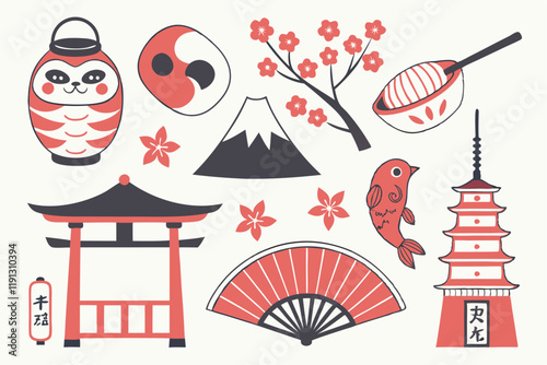 Japanese icons, cultural symbols, traditional elements, flat design, colorful, kawaii style, Daruma doll, koi fish, sushi, Daruma doll, pagoda, tea ceremony, Mount Fuji, crow, Yin Yang, cherry blossom