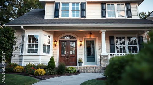 Luxury House Exterior at Dusk: Dream Home Architecture and Landscaping photo