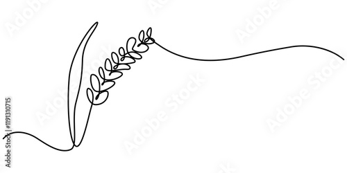 Continuous one line drawing of ripe ears of wheat in silhouette on a white background. Linear stylized, One continuous line. Spikelet of wheat. Spikelet of a cereal plant. Flat minimal icon. One pro.
