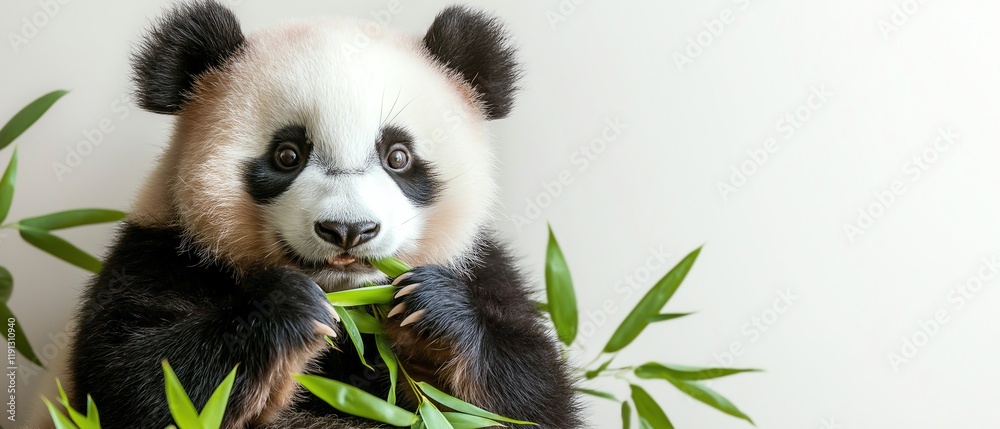 Fototapeta premium A cute panda munching on bamboo leaves, showcasing its endearing features. This charming creature exemplifies wildlife conservation and the importance of protecting its habitat.