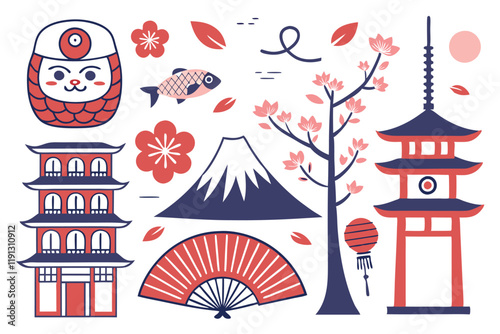 Japanese icons, cultural symbols, traditional elements, flat design, colorful, kawaii style, Daruma doll, koi fish, sushi, Daruma doll, pagoda, tea ceremony, Mount Fuji, crow, Yin Yang, cherry blossom