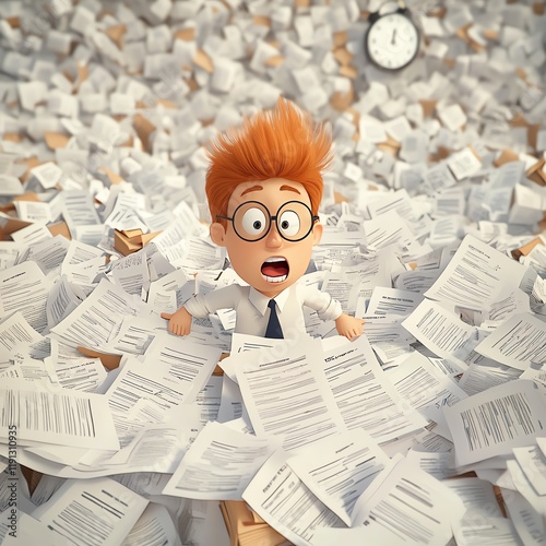 Deadline panic, office worker surrounded by tax paperwork and a ticking clock, 3D illustration