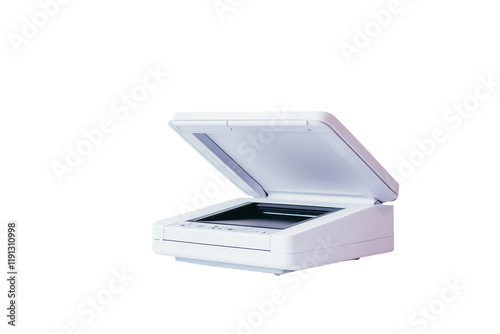 High-quality flatbed scanner on white background showcasing its design and functionality for document digitization
