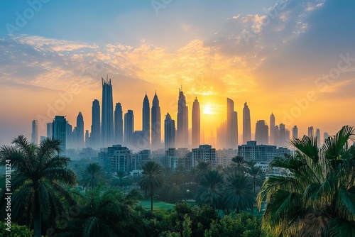 City skyline silhouette at sunset. Skyscappers, towers, office and residental buildings. Palm tree and cityscape under sunrise sky. Vector illustration photo