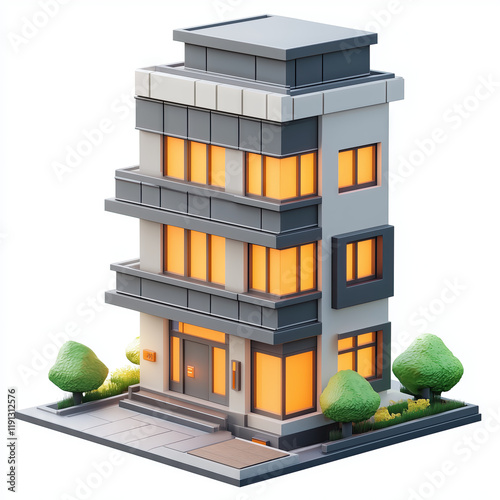 A modern building with lights on in the windows, depicted as an isometric model