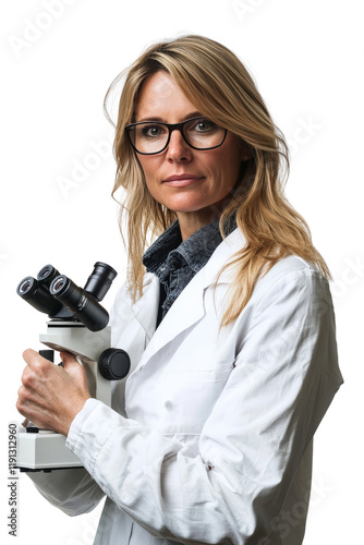 A confident European female scientist in her 40s, wearing glasses and a lab coat, holding a microscope, isolated on transparent background, PNG file photo