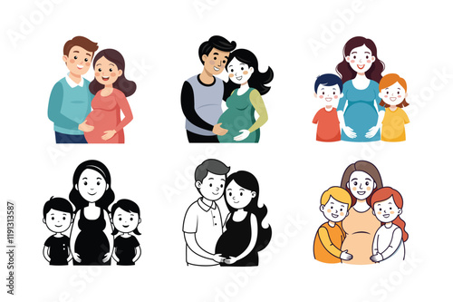 Pregnant Mother Cared by Kids and Husband Vector Illustration, Heartwarming Family Art.