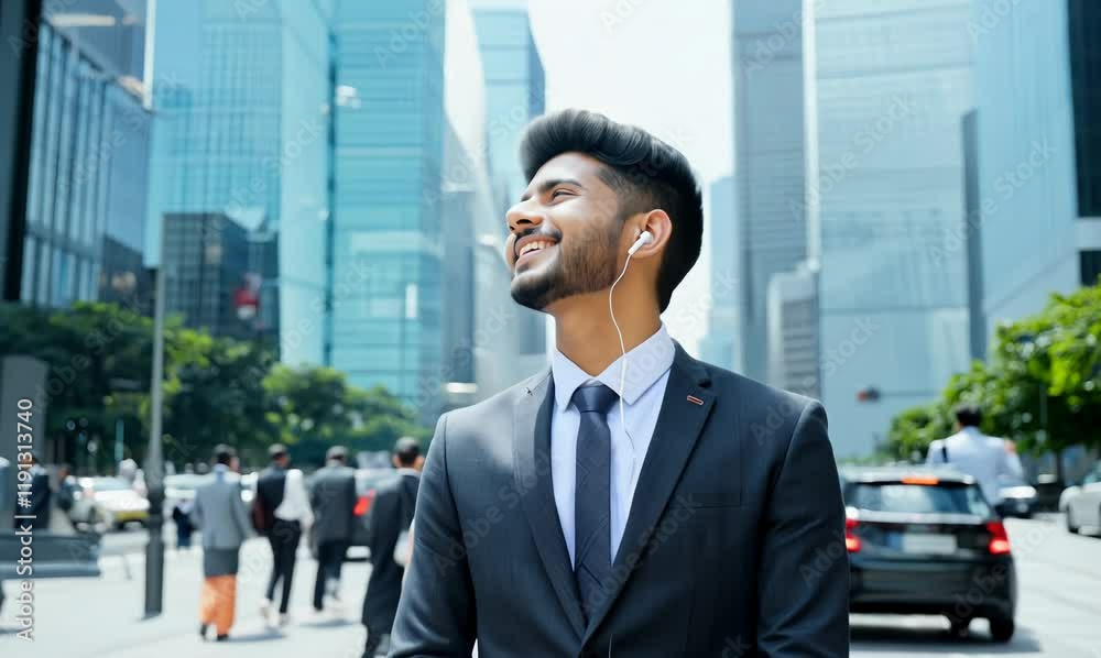 happy young executive enjoying music while crossing the busy downtown road happy young executive enjoying music while crossing the busy downtown road
