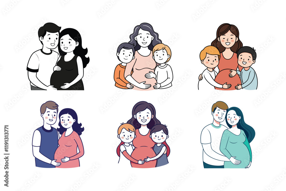 Pregnant Mother Cared by Kids and Husband Vector Illustration, Heartwarming Family Art.